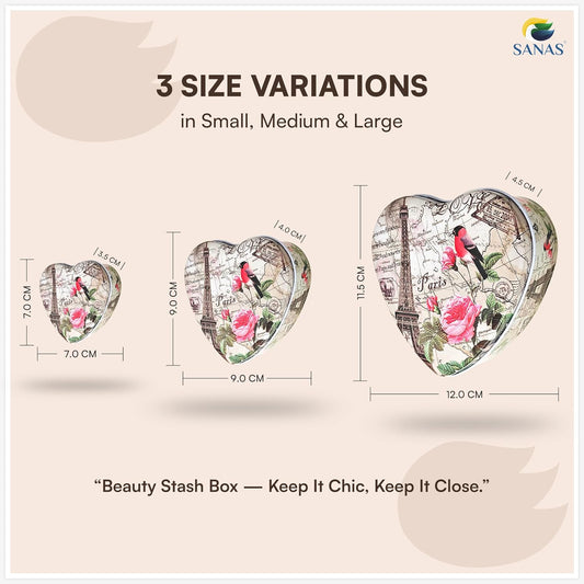 Sanas Heart Shaped Tin Box Storage Birdmap Set of 3