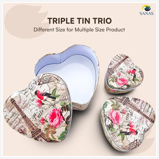Sanas Heart Shaped Tin Box Storage Birdmap Set of 3