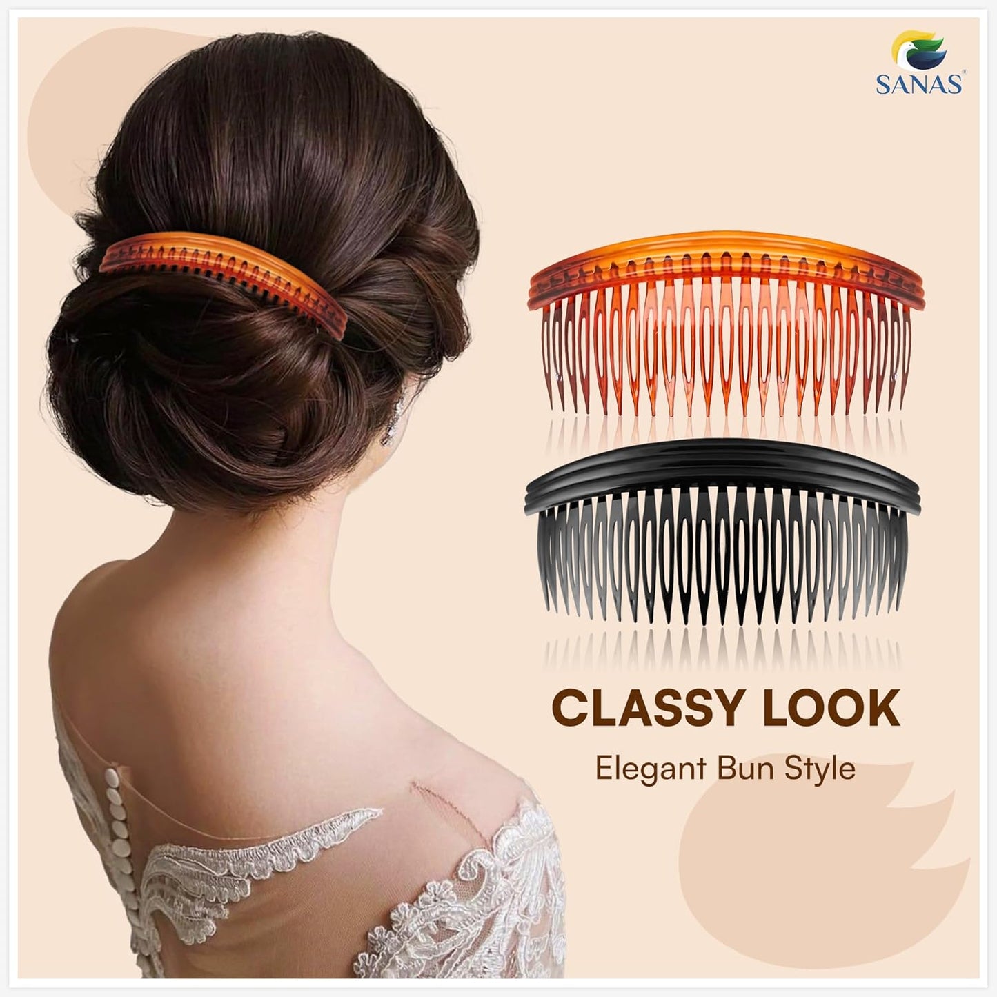 Hair bun with hair combs and 'Sanas' branding on a beige background