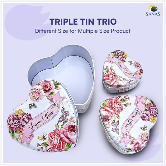 Sanas Heart Shaped Tin Box Storage Love You Tag With Ribbon Set of 3