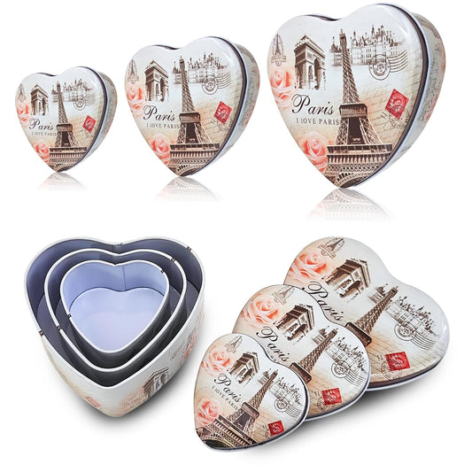 Sanas Heart Shaped Tin Box Storage I Love Paris Tower Set of 3