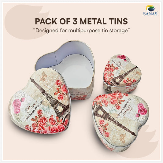 Sanas Heart Shaped Tin Box Storage From Paris With Love Set of 3