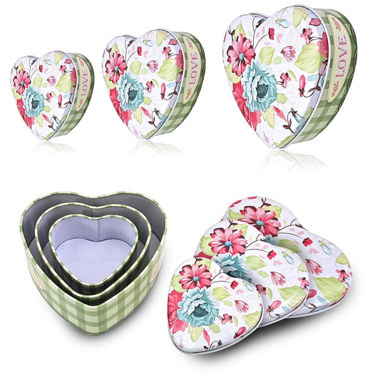 Sanas Heart Shaped Tin Box Storage Floral Full Print Set of 3