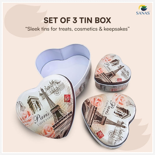 Sanas Heart Shaped Tin Box Storage I Love Paris Tower Set of 3