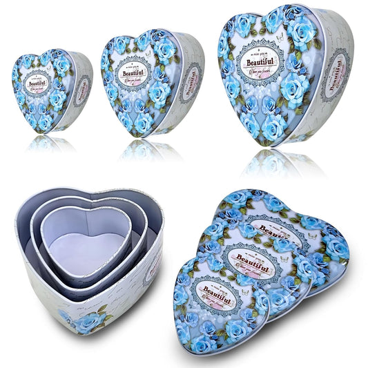Sanas Heart Shaped Tin Box Storage Blue Frame Style Set of 3