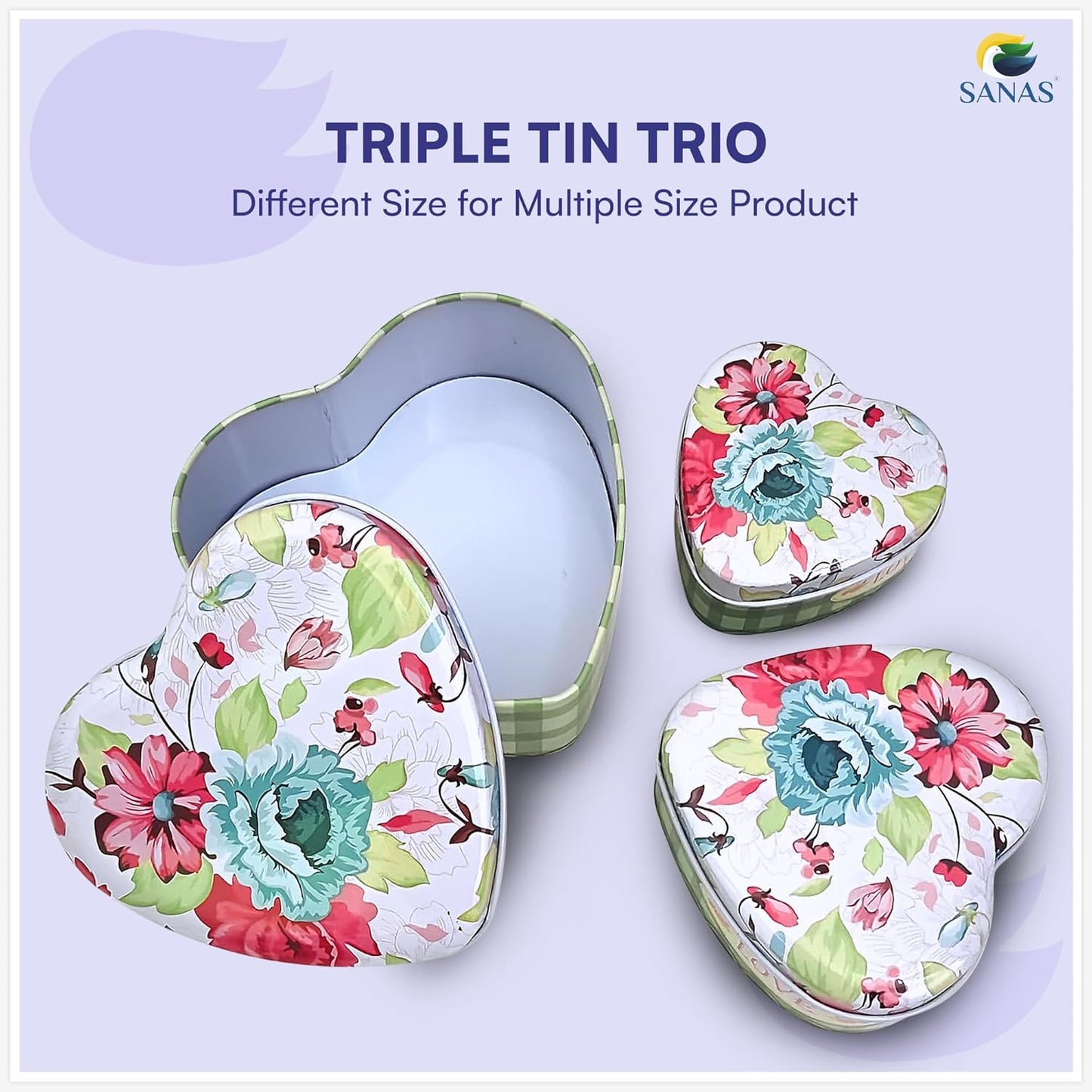 Sanas Heart Shaped Tin Box Storage Floral Full Print Set of 3