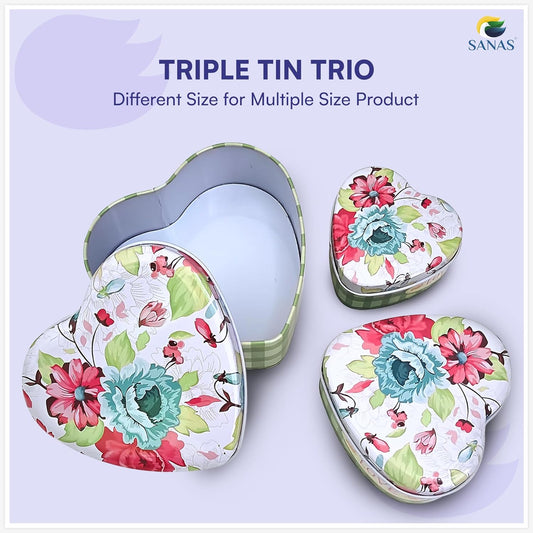 Sanas Heart Shaped Tin Box Storage Floral Full Print Set of 3