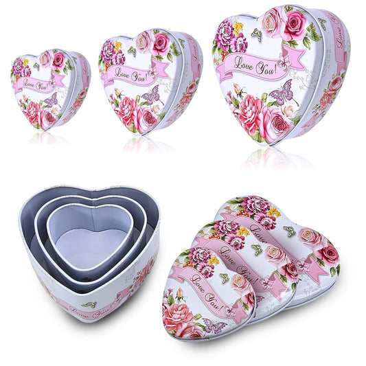 Sanas Heart Shaped Tin Box Storage Love You Tag With Ribbon Set of 3