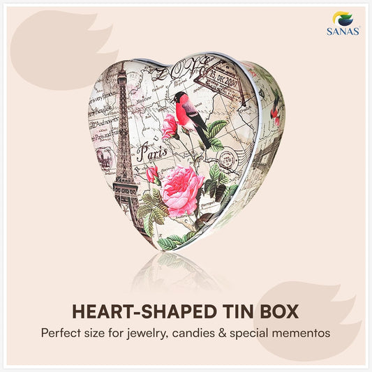 Sanas Heart Shaped Tin Box Storage Birdmap Set of 3