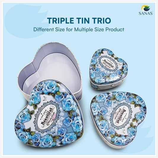 Sanas Heart Shaped Tin Box Storage Blue Frame Style Set of 3