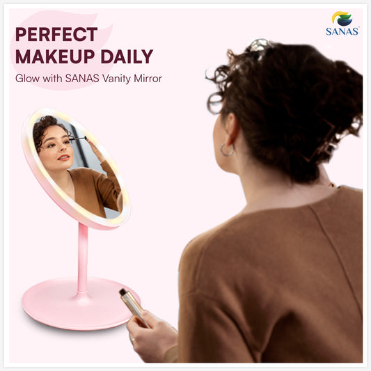 Sanas Makeup Mirror with LED Light Portable Touch Screen Round Shape Hand Mirror for Women (1pc) Pink