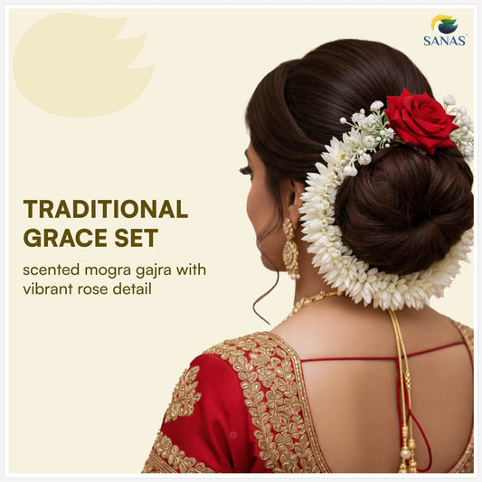 Sanas (3Pcs) Artificial Flower For Hair Bun Accessories For Women Stylish Artificial Gajra For Hair Brooch For Women Traditional Red Rose Juda Accessories For Woman (Pure Mogra & Rose Texture) (3Pcs)