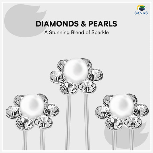 Sanas Pearl Juda Pin Set – CR Silver Bun & Updo Hair Accessories – 12 Pcs