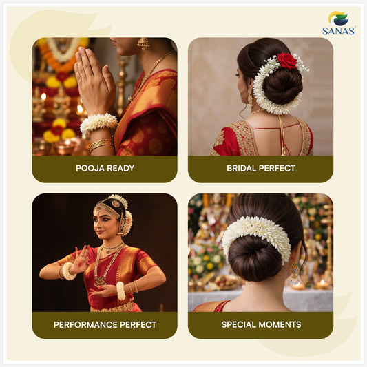 Sanas (3Pcs) Artificial Flower For Hair Bun Accessories For Women Stylish Artificial Gajra For Hair Brooch For Women Traditional Red Rose Juda Accessories For Woman (Pure Mogra & Rose Texture) (3Pcs)