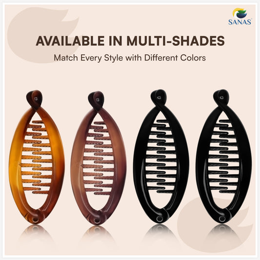 Four hair styling tools in different colors on a beige background with 'SANAS' branding.