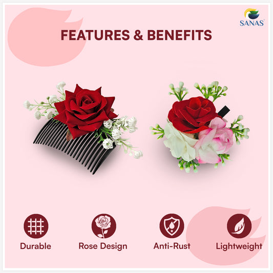 Sanas (3Pcs) Red Rose Hair Accessories For Woman Wedding Artificial Flower For Hair Brooch For Women Traditional Alligator Hair Clips For Women Stylish French Comb Clip (Pop Of Colors Rose Set)(3Pcs)