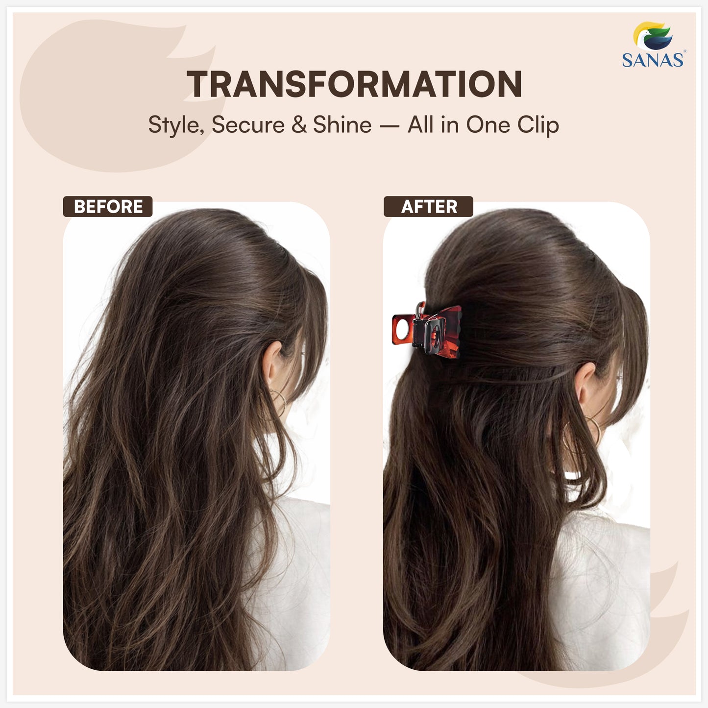 SANAS (3 Pcs) Hair Claw Clips Stylish Aesthetic Clutchers Cute Hair Accessories for Women and Girls Black Brown and Dual Tone (3 Pcs)