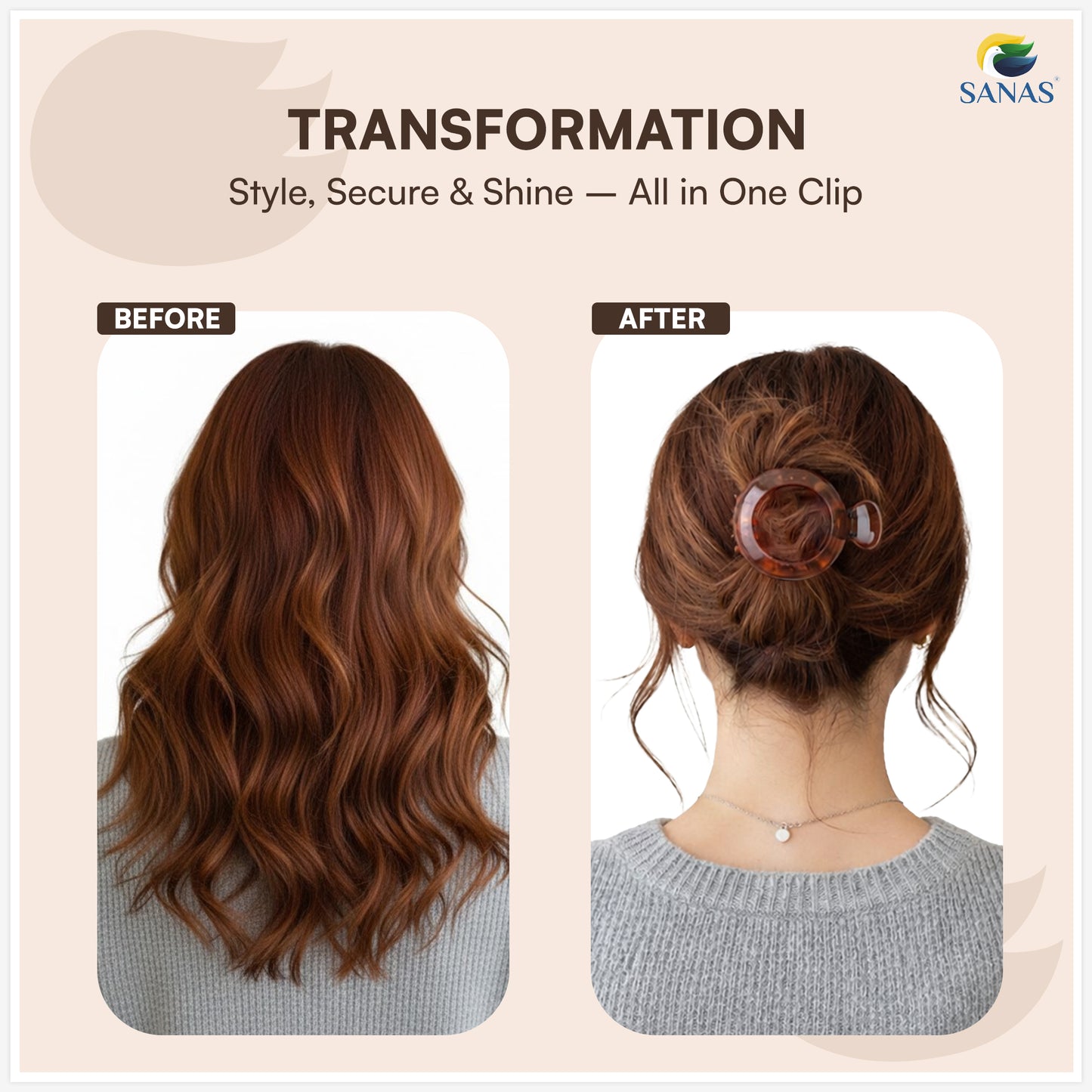 Before and after transformation of hair using a clip, with 'SANAS' branding.