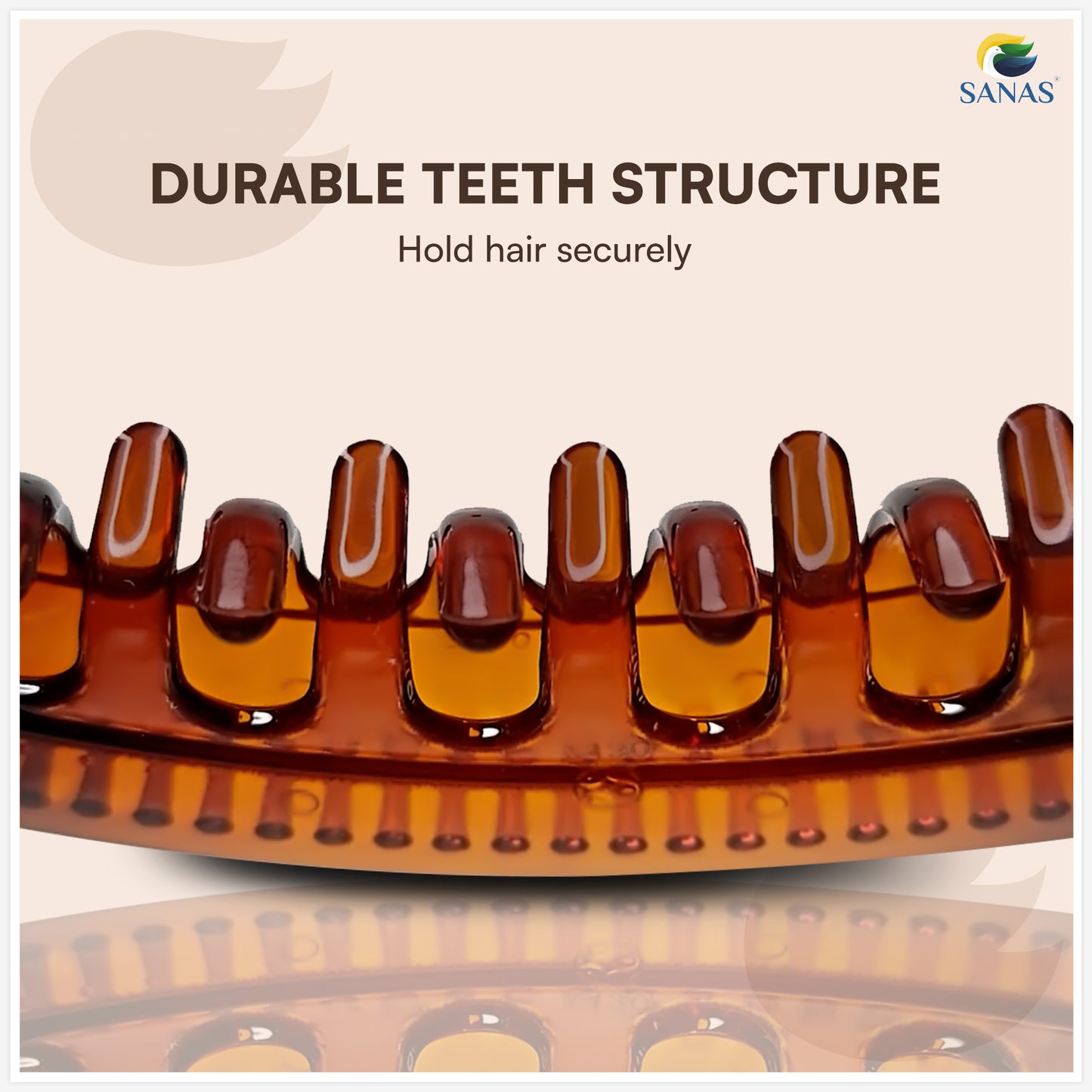 Hair clip with brown teeth labeled 'Durable Teeth Structure' on a beige background