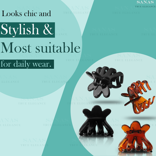 Black and orange hair clips on a light blue background with text about style and suitability for daily wear.