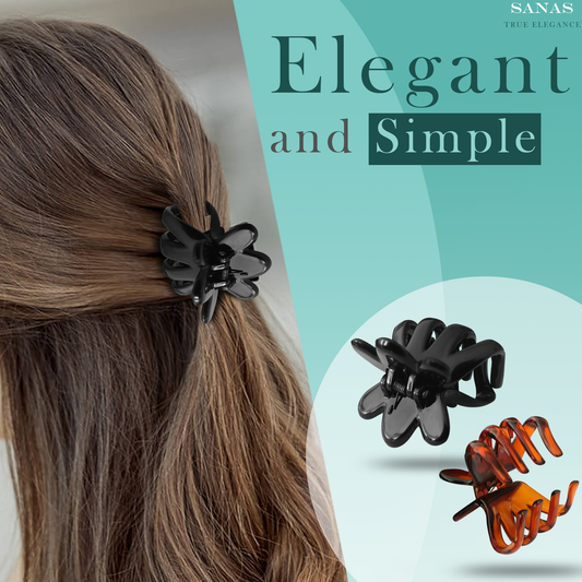 Black hair clip in a person's hair with 'SANAS' branding and text 'Elegant and Simple' on a teal background.