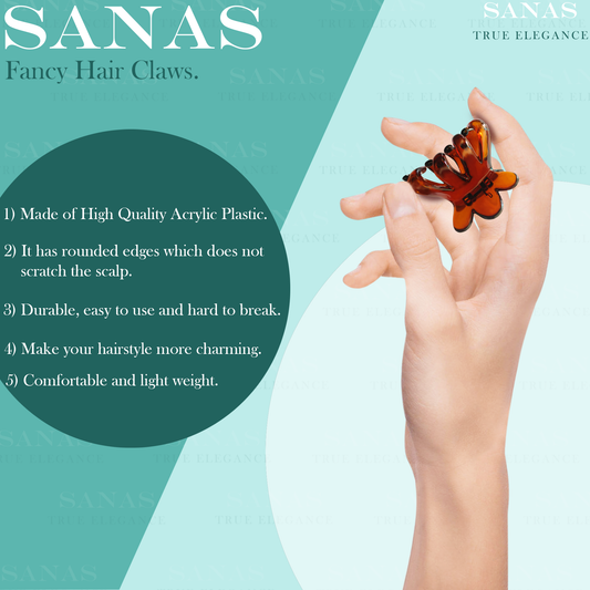 Hand holding a hair claw with product details on a teal and light blue background