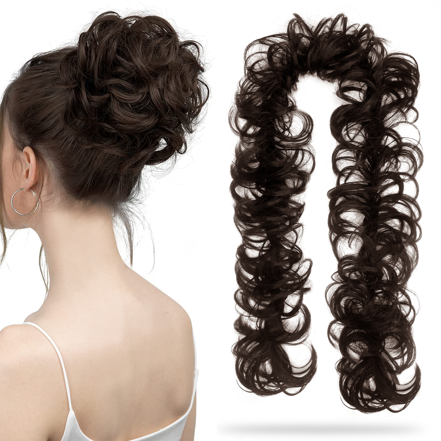 Brown messy bun hairpiece hair extension for weddings and parties