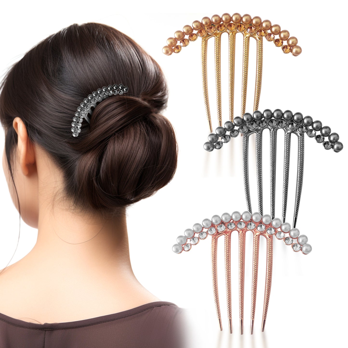 Sanas Pearl Hair Metal Comb - 3Pcs