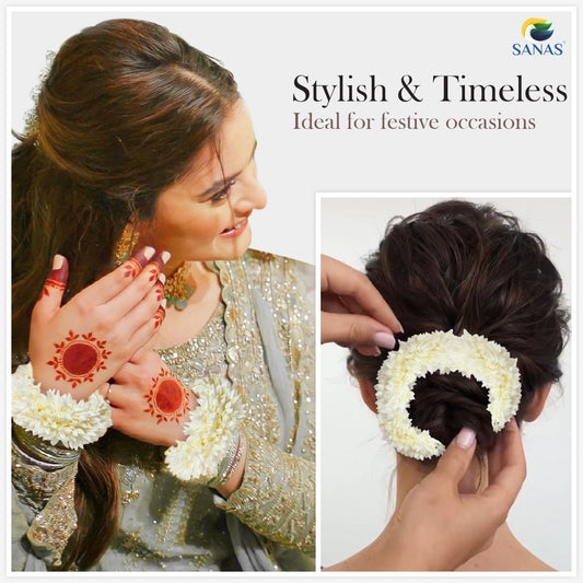Sanas Gajra For Hair Accessories For Women Scented Mogra Gajra For Hair 4pcs (White)