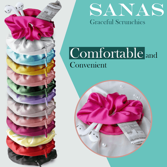 Sanas Satin Hair Scrunchies with Zip Lock for Storage - 12Pcs