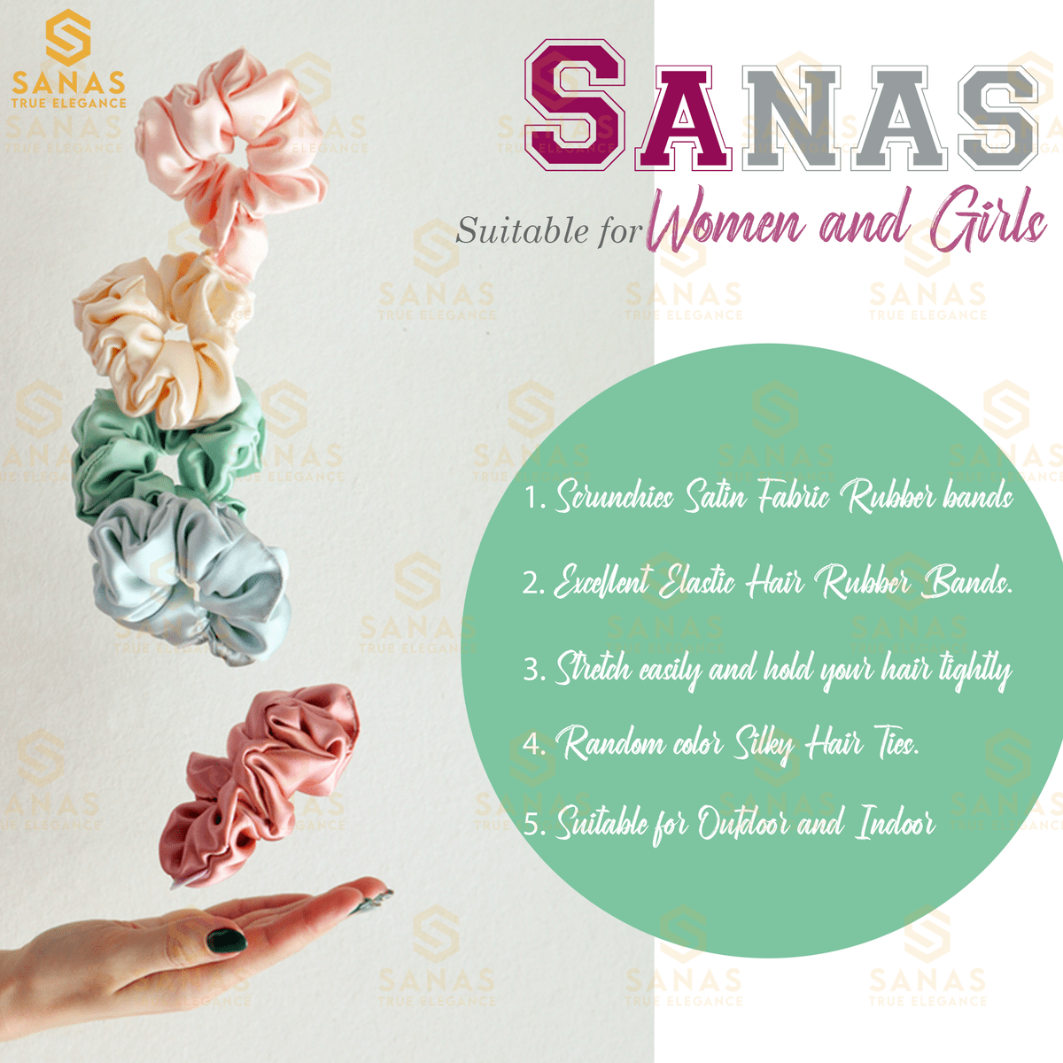 Sanas Satin Silk Srunchies for Women - 12Pcs