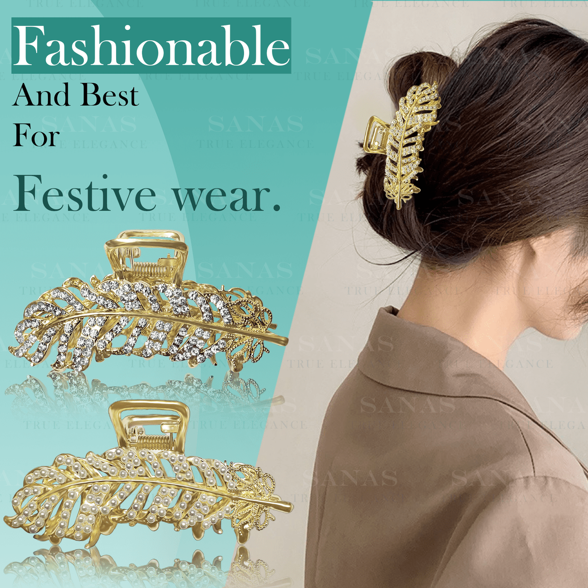 Metal Leaf Pearl Hair Clip Set