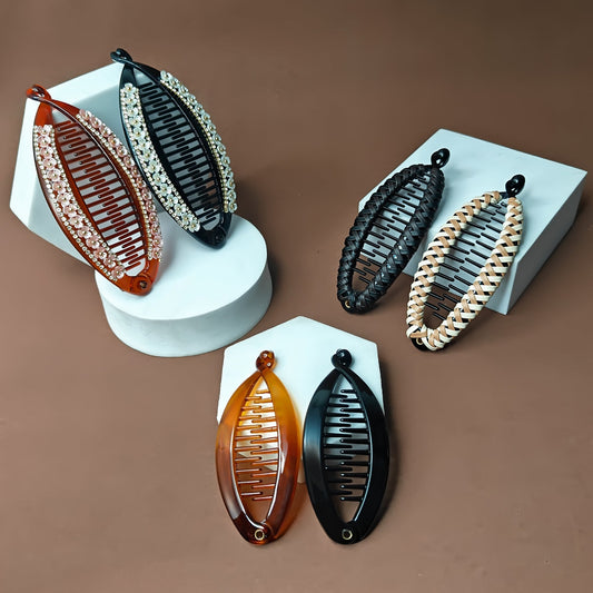 Set of three fishtail banana clips – classic acrylic, braided leather, and crystal-studded – designed for stylish, secure hair styling. Ideal for daily wear, festive looks, and bridal hairstyles.