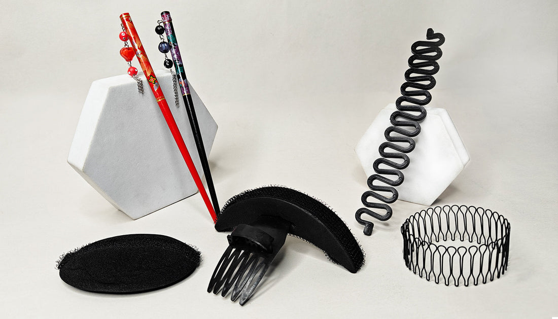 SANAS hair styling tools for women including braid maker, juda sticks, puff inserts, bun maker, and fringe pins – perfect for buns, braids, and volume styles.
