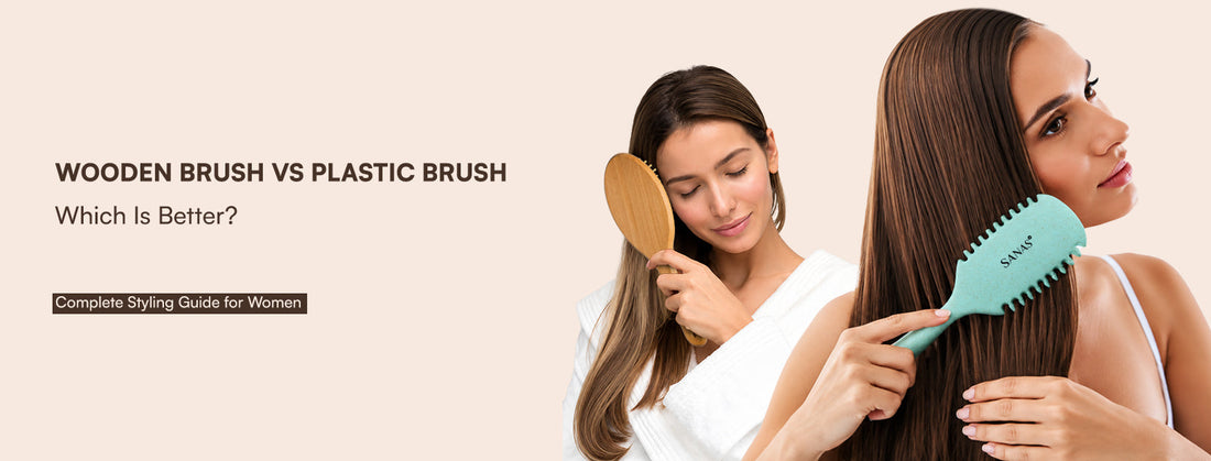 Sanas wooden hair brush and black plastic paddle brush side by side on a clean white background