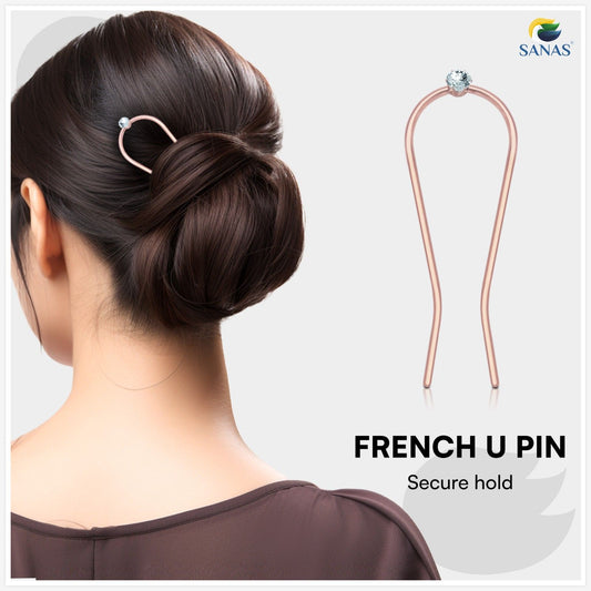 Woman with a styled bun using a French U pin, with product image and 'SANAS' branding.