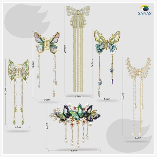 Butterfly Clips for Hair – Premium Gold Butterfly Hair Accessories with Pearl & Tassel, Strong Metal Butterfly Claw Clips for Women & Bridal Styling | Pick Any 3 Styles | Wedding & Party Wear Butterfly Hair Clutcher