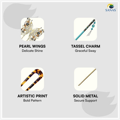 Sanas Juda Stick Set – Pick Any 4 Hair Stick for Bun | French Pins for Hair, Metal & Wooden Hair Stick, Pearl Hair Pin & Bun Holder for Hair | Elegant Hair Sticks for Bun & French Twist Styling for Women