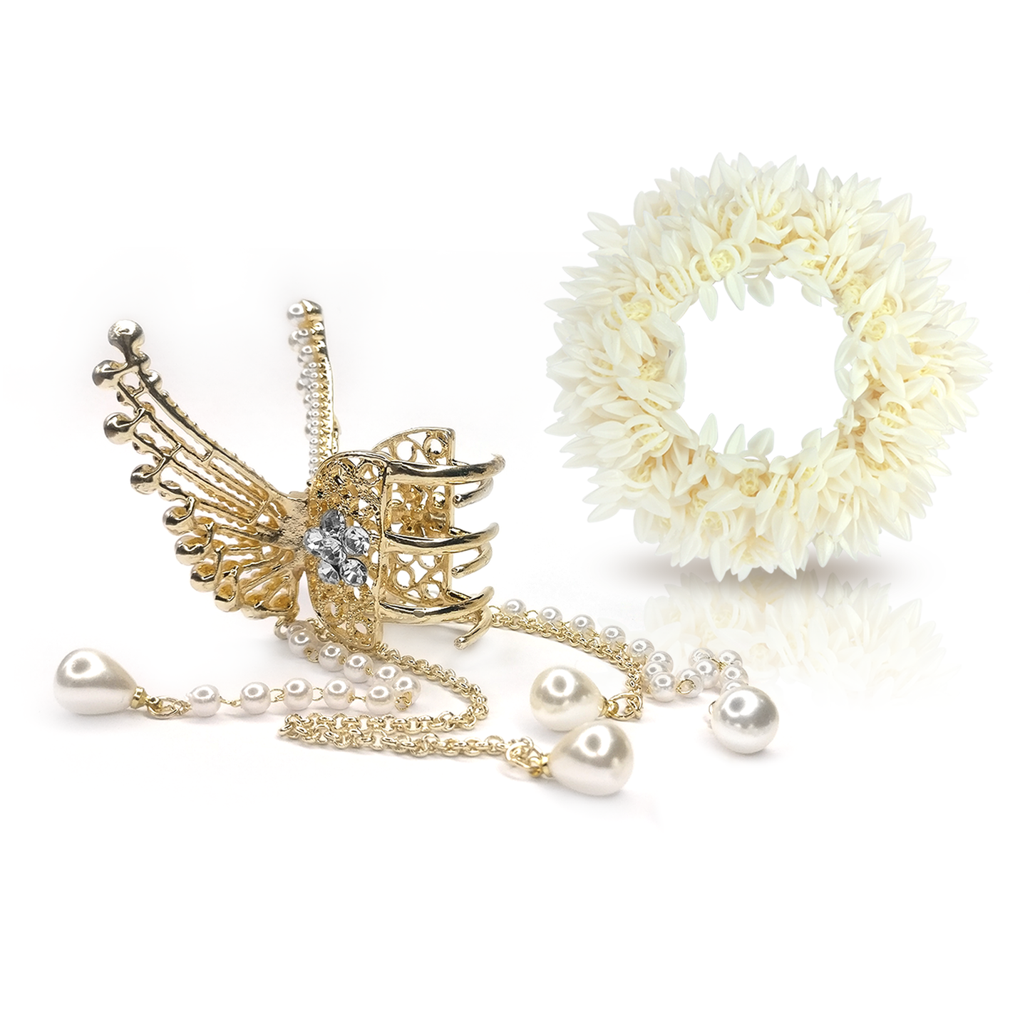 SANAS artificial mogra gajra scrunchie with pearl tassel clip