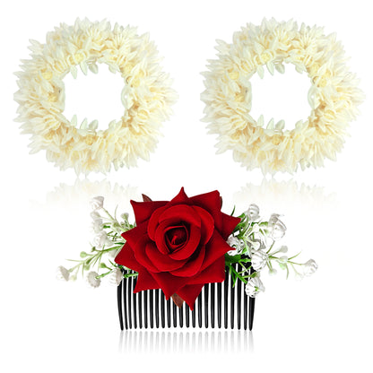 Sanas (3Pcs) Artificial Flower For Hair Bun Accessories For Women Stylish Artificial Gajra For Hair Brooch For Women Traditional Red Rose Juda Accessories For Woman (Pure Mogra & Rose Texture) (3Pcs)
