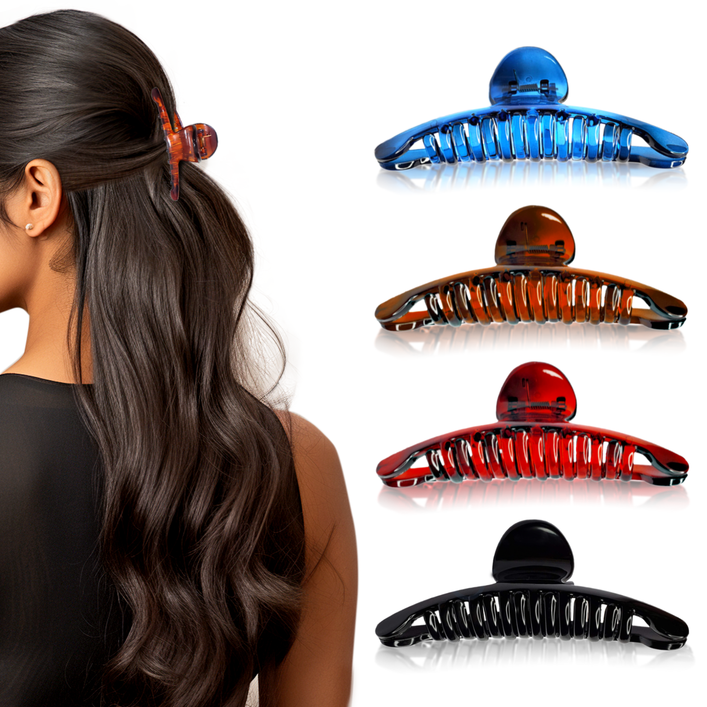 Woman with long hair wearing a tortoiseshell hair clip, surrounded by various color hair clips on a white background.