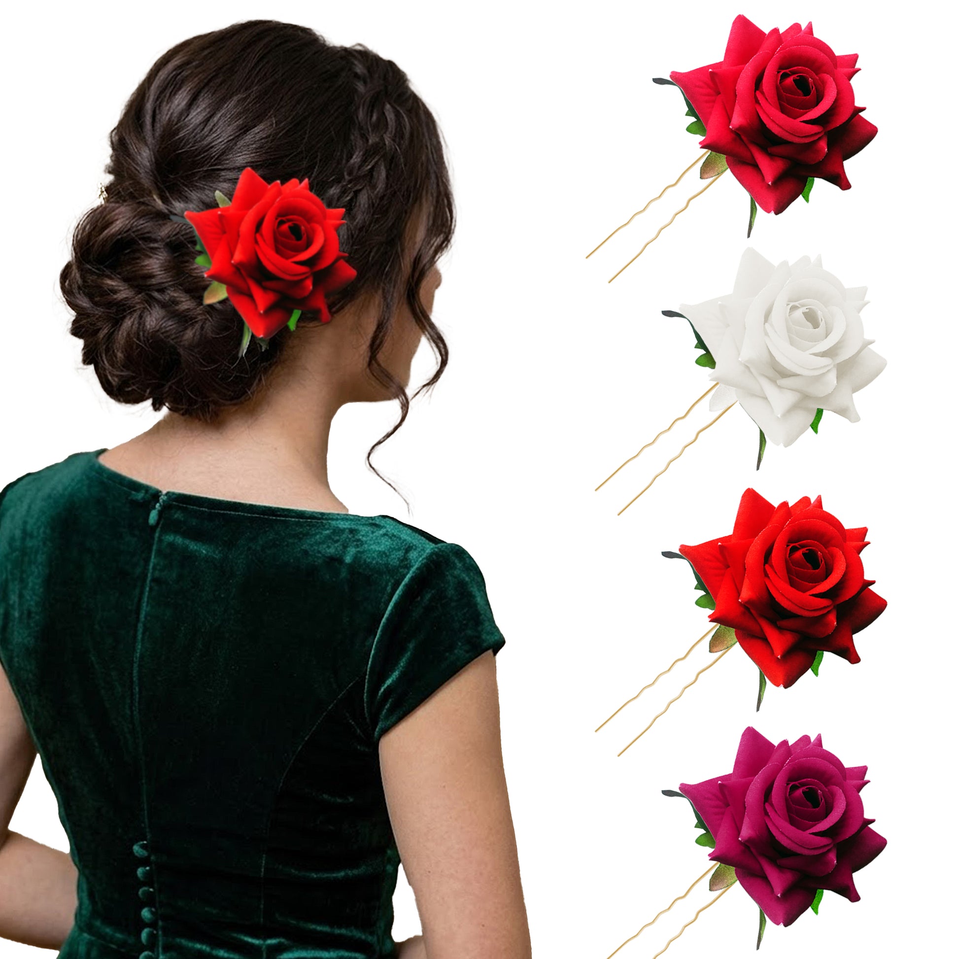Woman with braided hair wearing red rose hair accessories, with additional roses displayed on a white background.