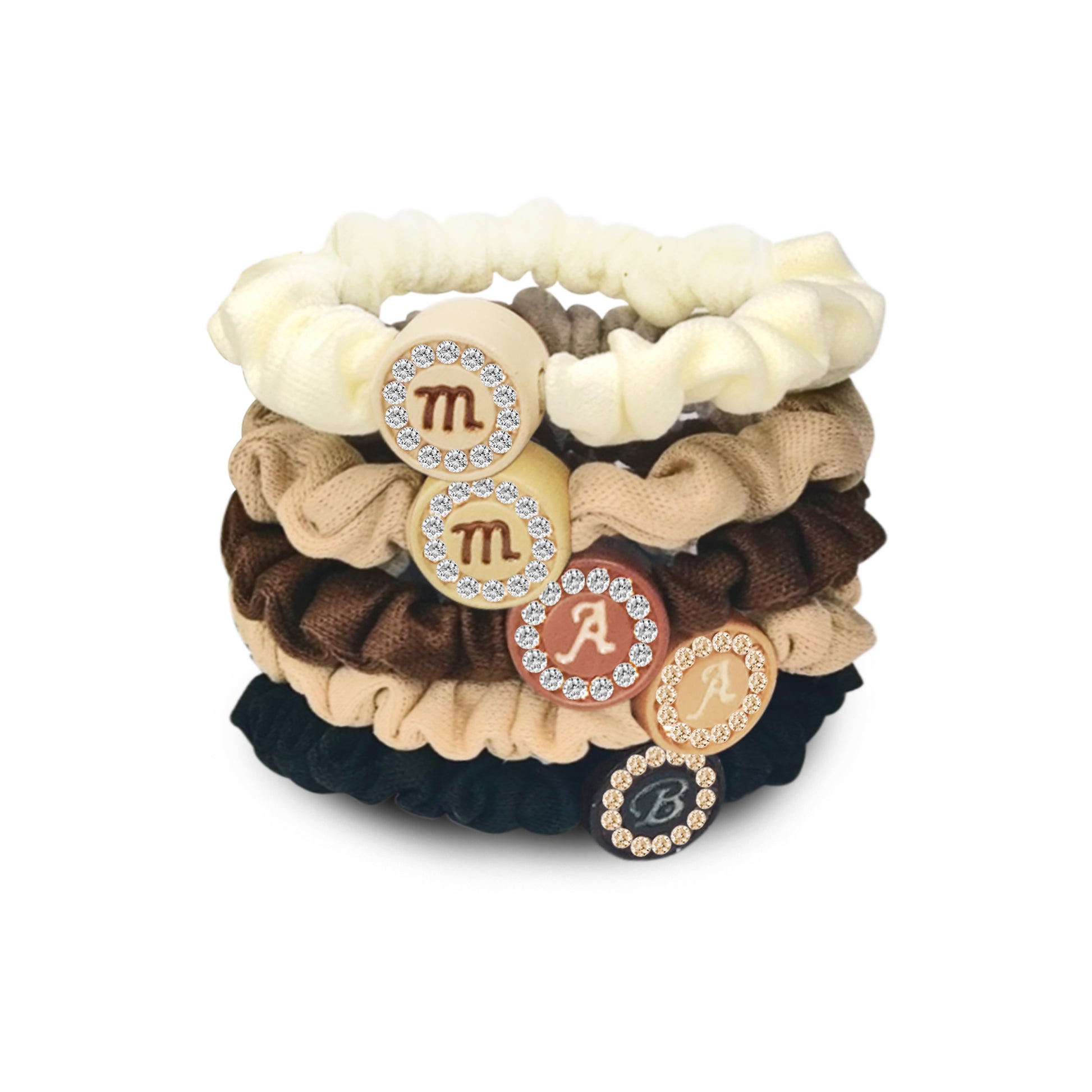 SANAS 5 Pcs hair scrunchies for women in elegant nude shades with alphabet stone charms