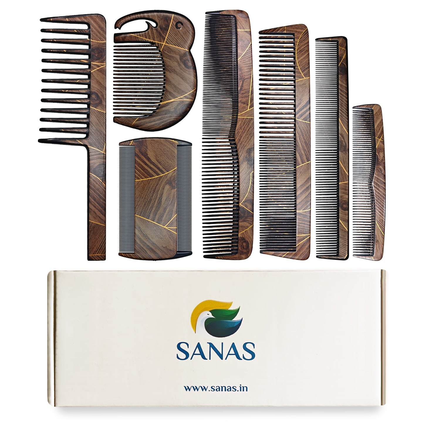 Sanas Comb Set For Women (7Pcs) Wood-Like Plastic Wooden Comb