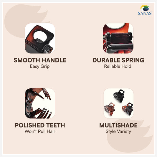 SANAS (3 Pcs) Hair Claw Clips Stylish Aesthetic Clutchers Cute Hair Accessories for Women and Girls Black Brown and Dual Tone (3 Pcs)
