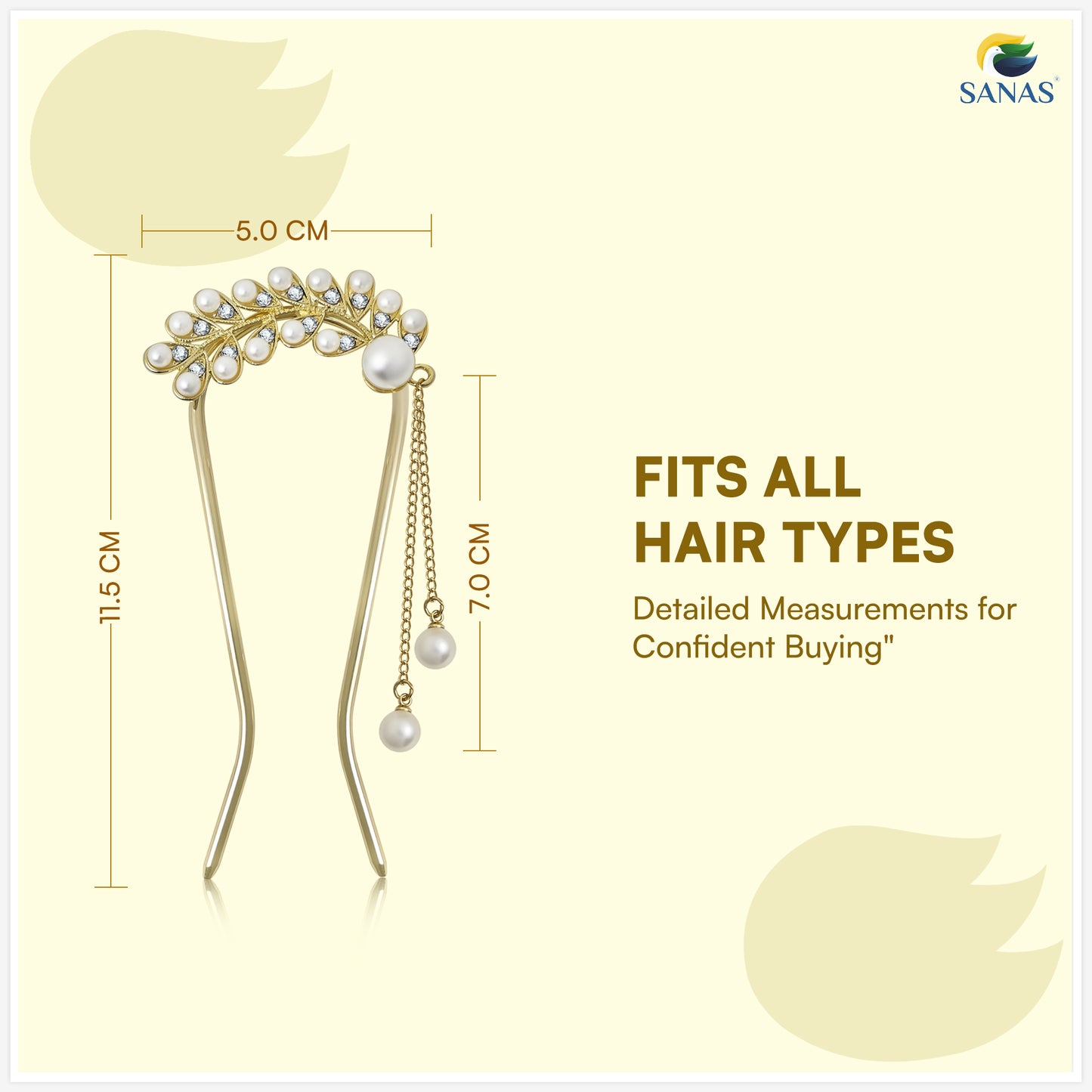 Sanas  Leaf Shape Pearl U Pin For Hair Styling Juda Pin Bun Accessories 1Pc Golden