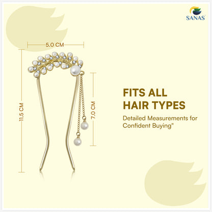 Sanas  Leaf Shape Pearl U Pin For Hair Styling Juda Pin Bun Accessories 1Pc Golden