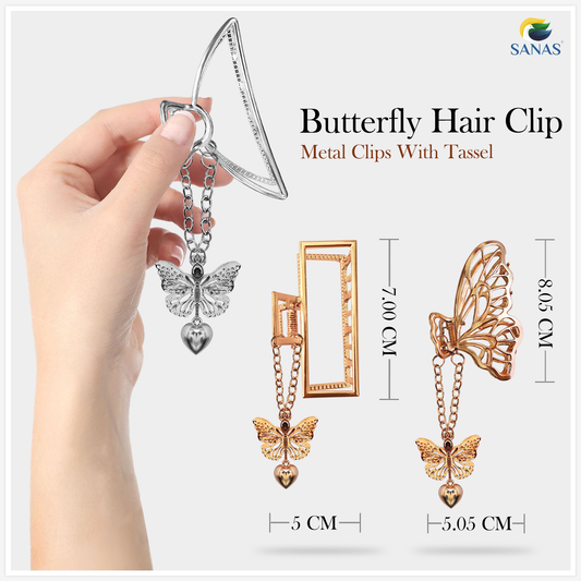 Butterfly hair clip with tassel held by a hand, displayed on a white background with measurements and brand name.