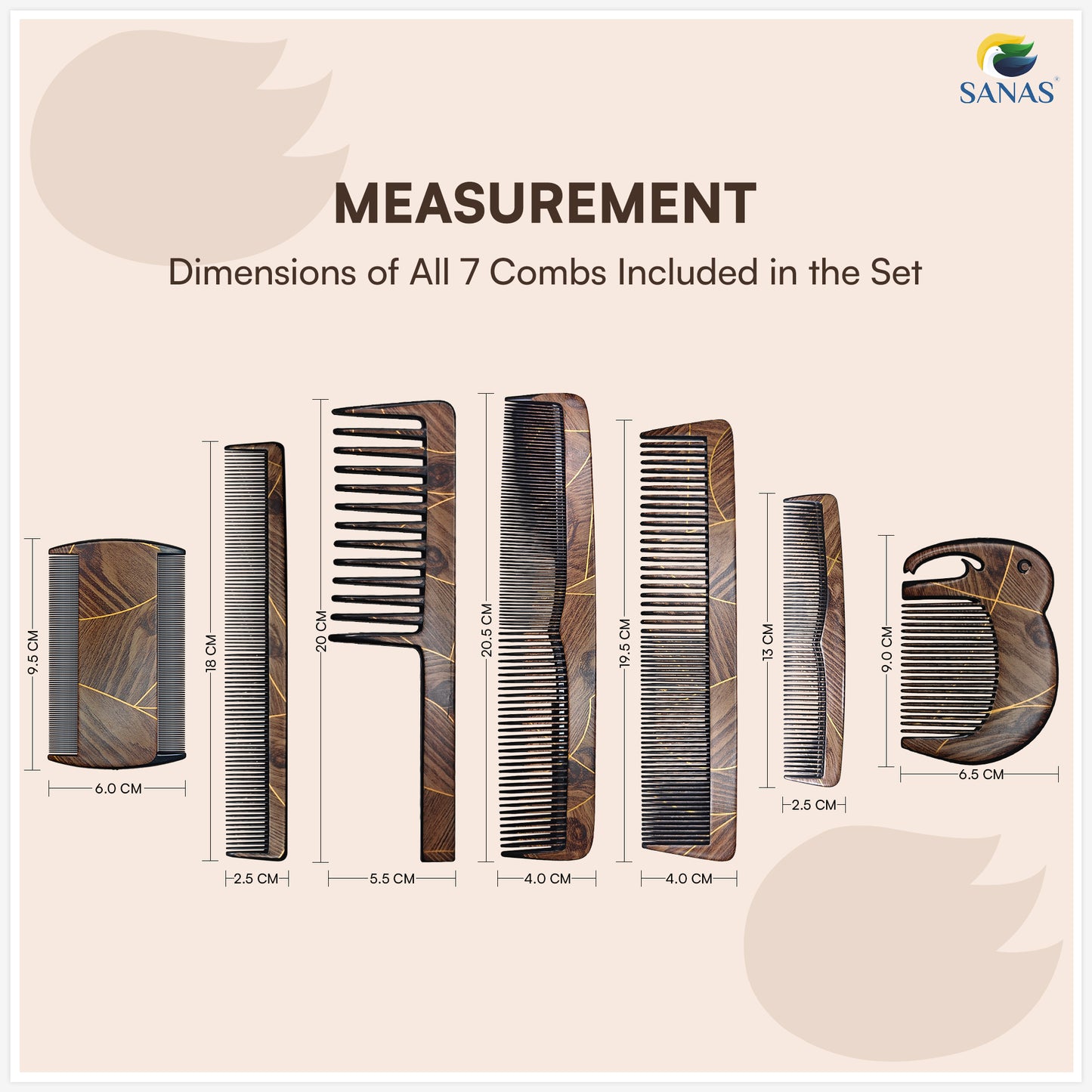 Sanas Comb Set For Women (7Pcs) Wood-Like Plastic Wooden Comb