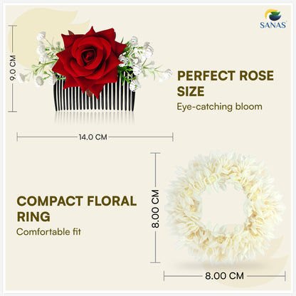 Sanas (3Pcs) Artificial Flower For Hair Bun Accessories For Women Stylish Artificial Gajra For Hair Brooch For Women Traditional Red Rose Juda Accessories For Woman (Pure Mogra & Rose Texture) (3Pcs)